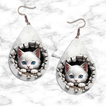 Kitten Peeking in Hole Teardrop Earring Collection - 03 - jewelry