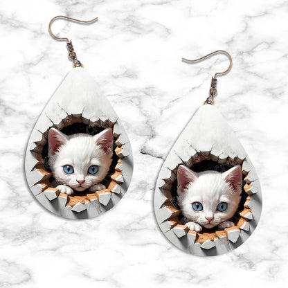 Kitten Peeking in Hole Teardrop Earring Collection - 04 - jewelry
