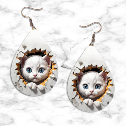 Kitten Peeking in Hole Teardrop Earring Collection - 05 - jewelry