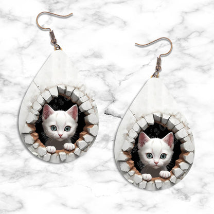 Kitten Peeking in Hole Teardrop Earring Collection - 06 - jewelry