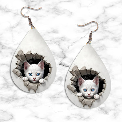 Kitten Peeking in Hole Teardrop Earring Collection - 07 - jewelry