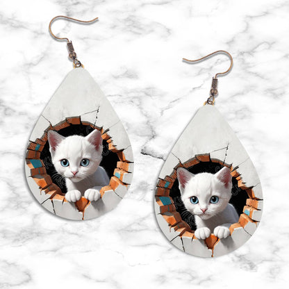 Kitten Peeking in Hole Teardrop Earring Collection - 08 - jewelry