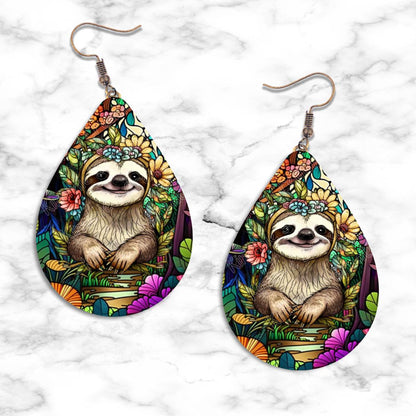 Sloth in Stained Glass Teardrop Earrings - jewelry