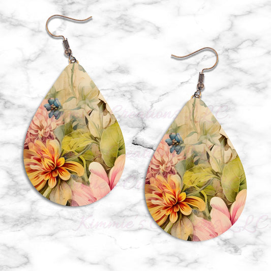 Floral Watercolor Art Teardrop Earrings