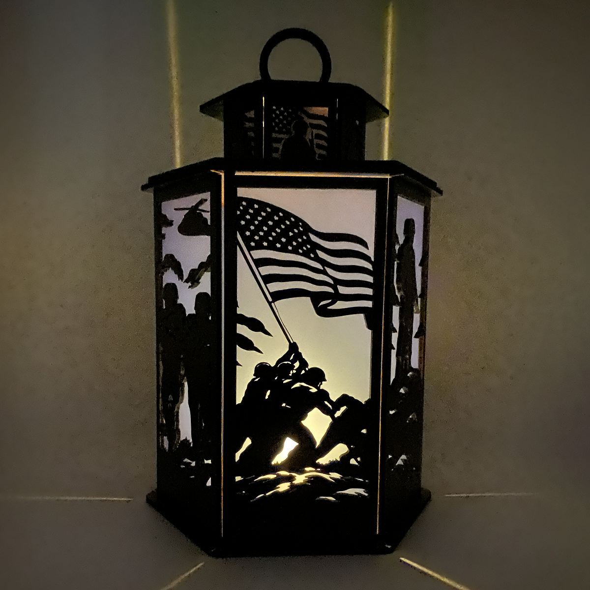 Veterans Legacy Lantern - Laser Cut Wooden Patriotic Memorial Decor with LED