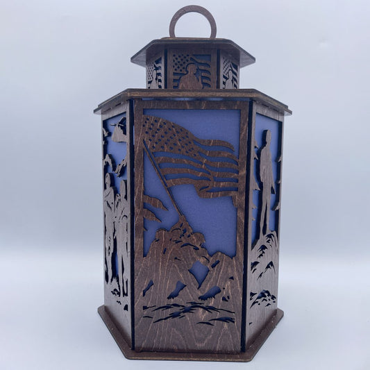 Veterans Legacy Lantern - Laser Cut Wooden Patriotic Memorial Decor with LED
