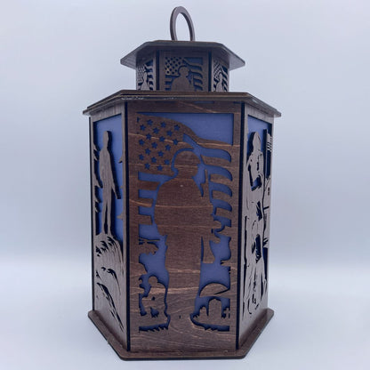 Veterans Legacy Lantern - Laser Cut Wooden Patriotic Memorial Decor with LED
