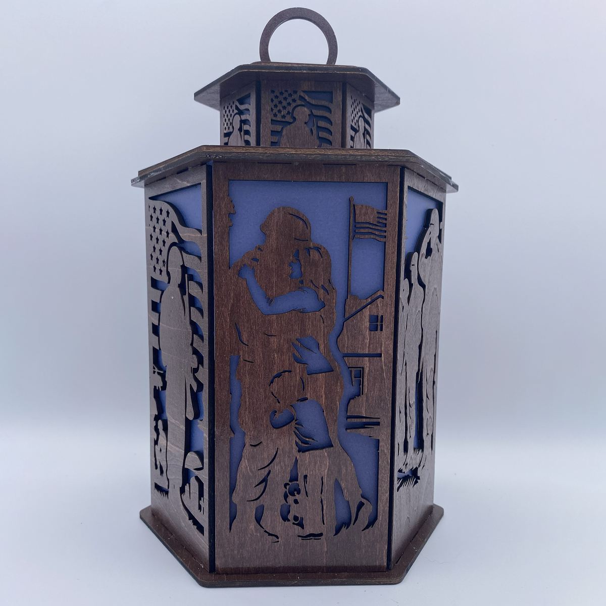 Veterans Legacy Lantern - Laser Cut Wooden Patriotic Memorial Decor with LED