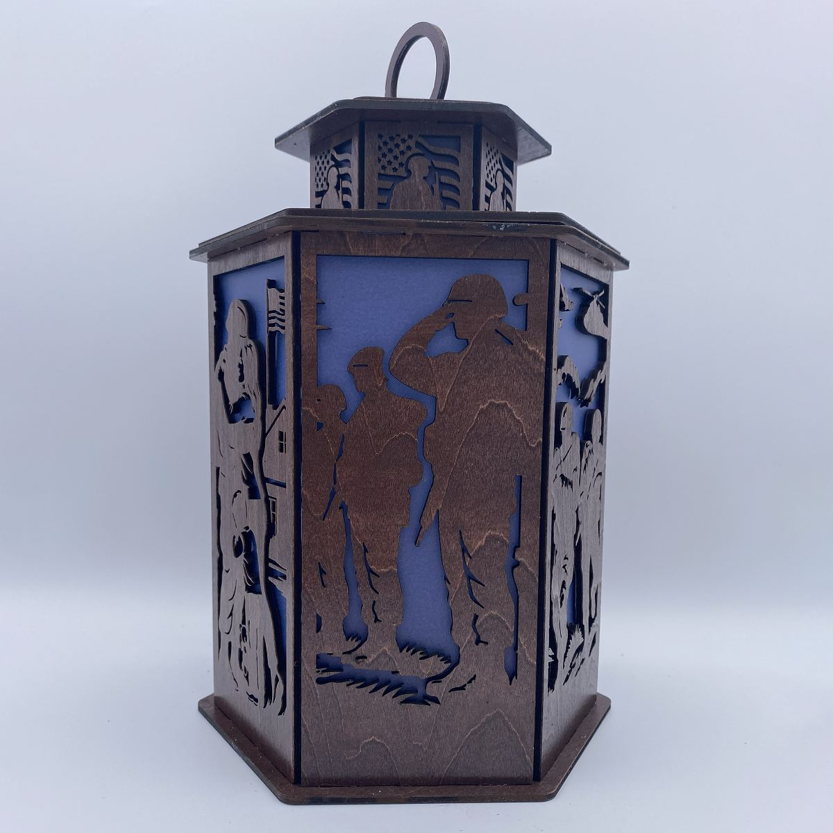 Veterans Legacy Lantern - Laser Cut Wooden Patriotic Memorial Decor with LED