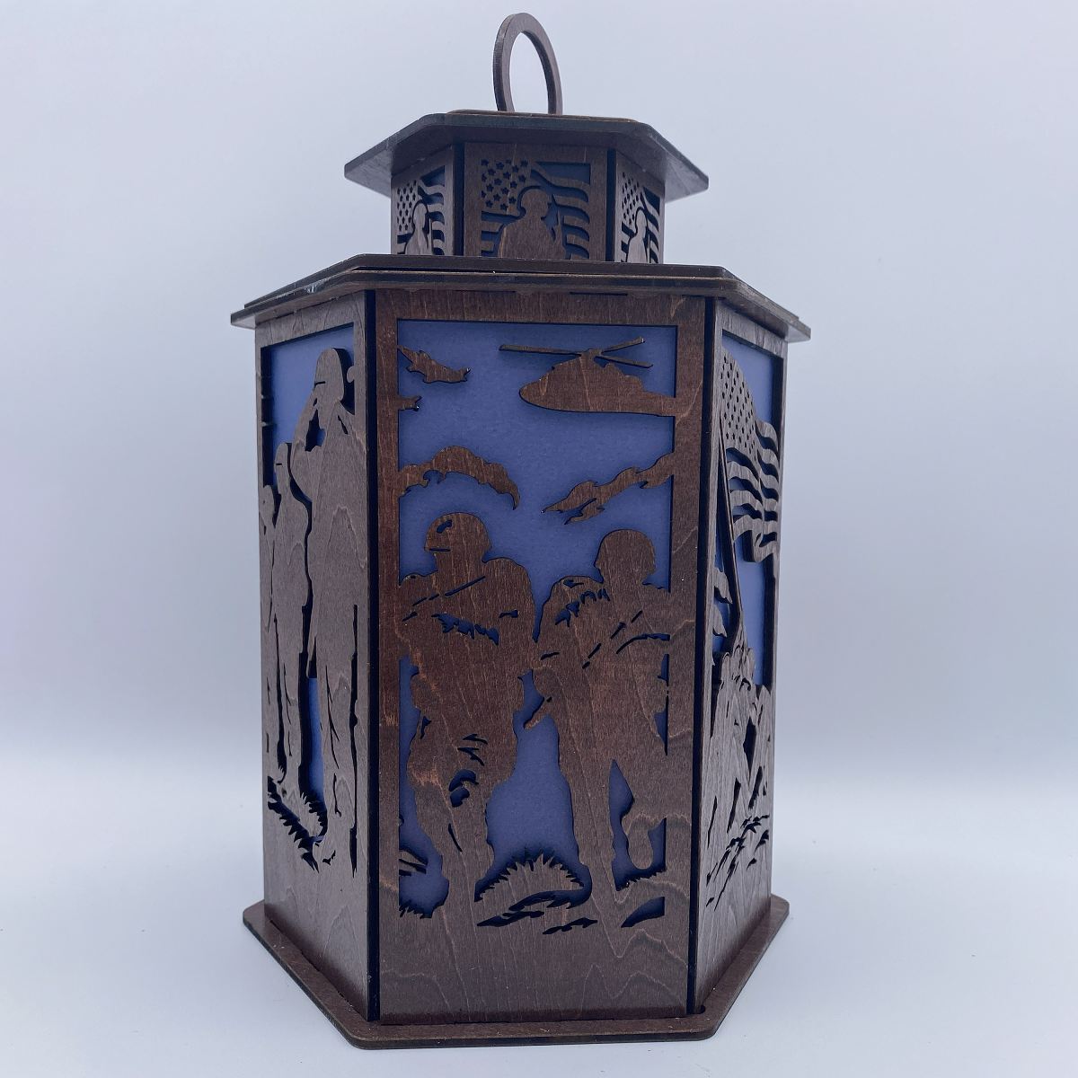 Veterans Legacy Lantern - Laser Cut Wooden Patriotic Memorial Decor with LED