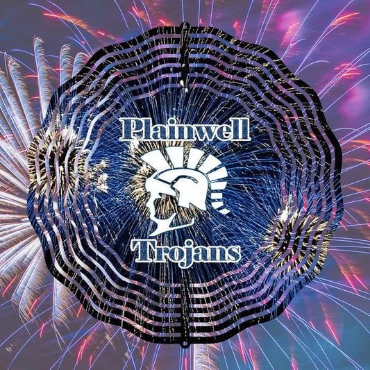 Plainwell Trojans with Fireworks wind spinner - Kimmie's Creations L.L.C.