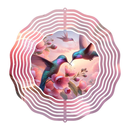 Decorative wall art with hummingbirds and flowers inside a wavy pink frame.