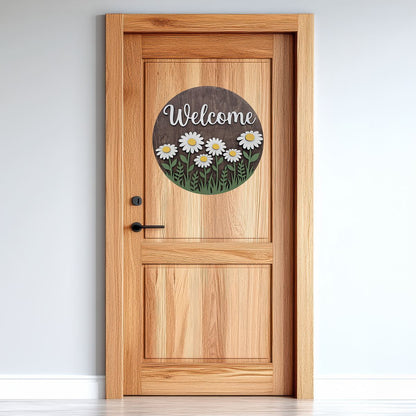 Welcoming Daisies door sign hanging on a door