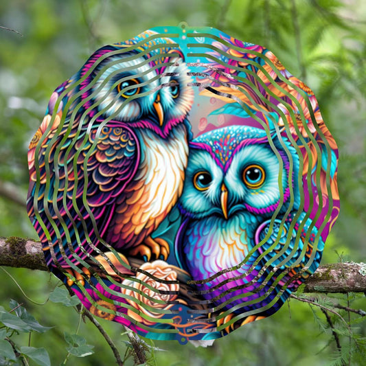 Two Colorful Owls on a Wind Spinner - Kimmie's Creations L.L.C.