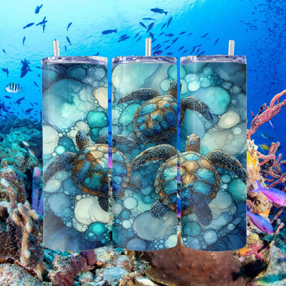Sea Turtles slowly Coasting in Water - a Skinny Tumbler - skinny tumbler