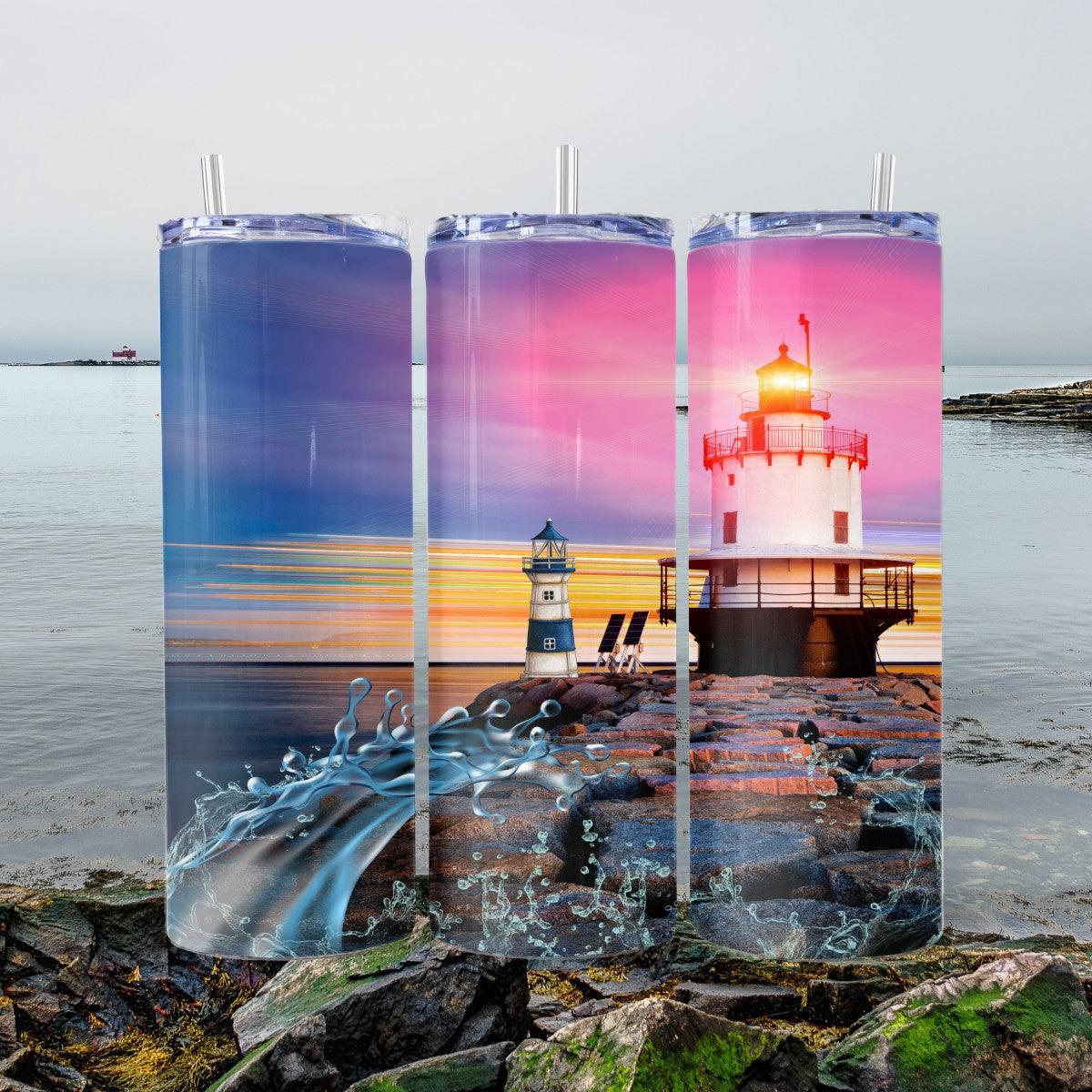 Stunning View of Two Lighthouses - a Skinny Tumbler - Kimmie's Creations L.L.C.