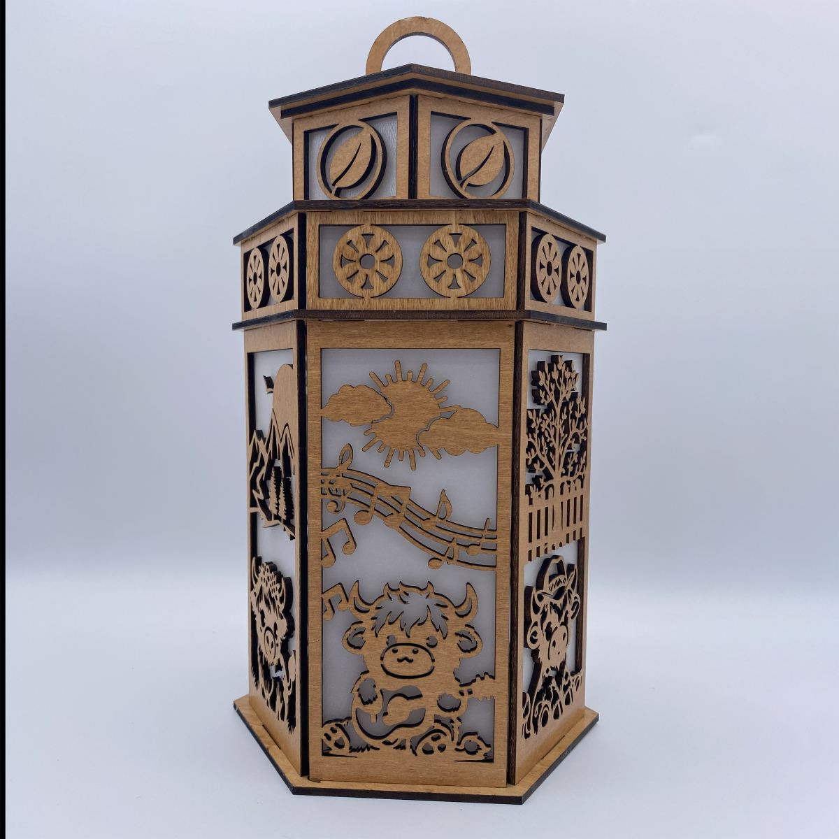 Baby Highland Cow with Tower Cupola flameless candle Lantern