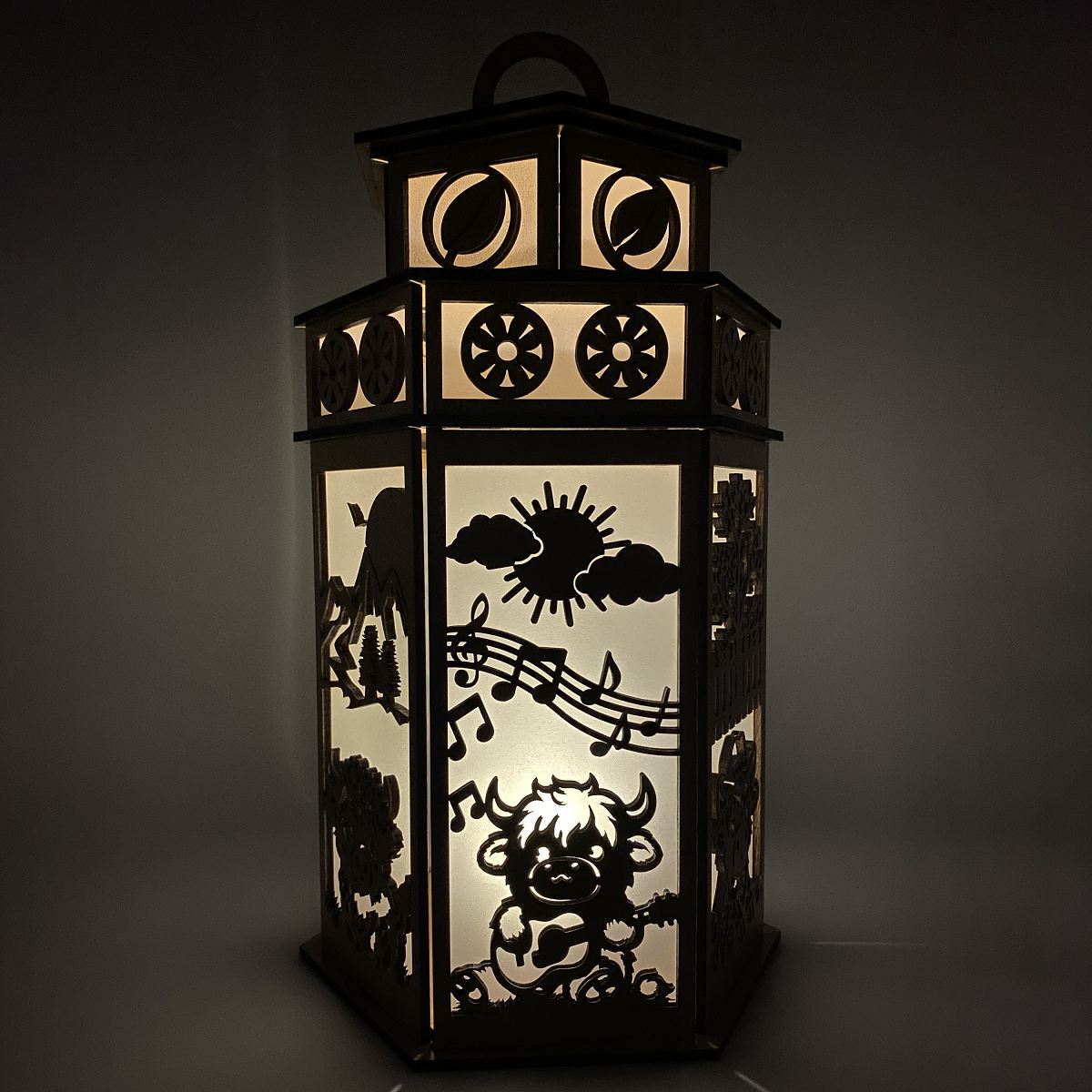 Baby Highland Cow with Tower Cupola flameless candle Lantern