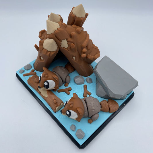 Close-up of articulated beaver on 3D printed beaver dam playset