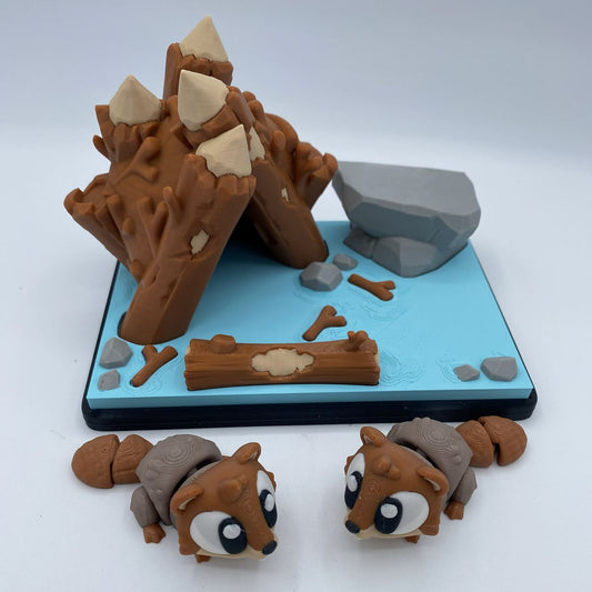 Beaver Dam Playset with 2 articulated 3D printed beavers and detailed dam scene
