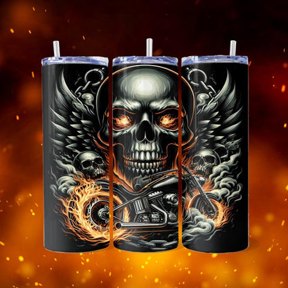 Flaming Biker Skull Skinny Tumbler - skinny tumbler