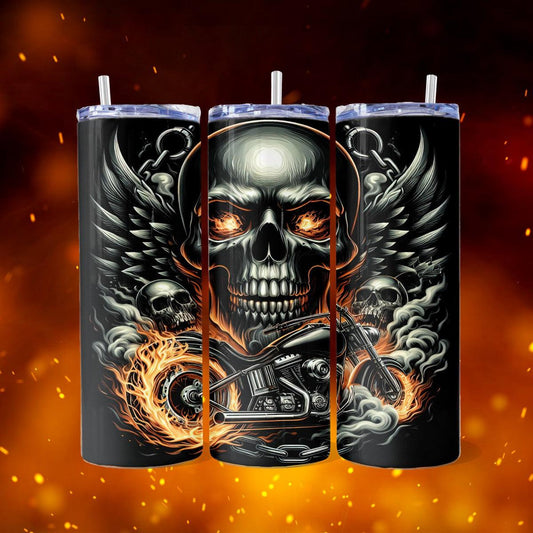 Flaming Biker Skull Skinny Tumbler - Kimmie's Creations L.L.C.