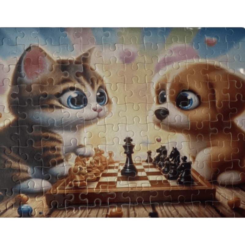 Furry Friends Battle Wits. A Kitten and Puppy Playing Chess. A 120-piece puzzle. - Kimmie's Creations L.L.C.