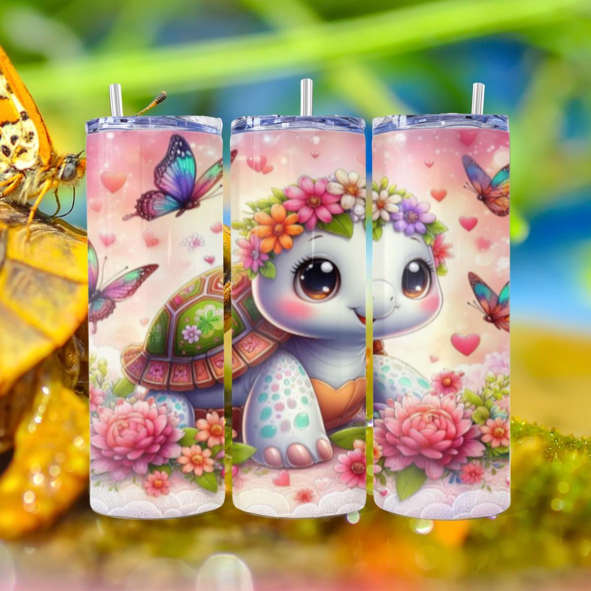 Floral-Adorned Flowerchild Turtle a Skinny Tumbler - Kimmie's Creations L.L.C.