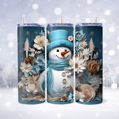 A Whimsical Snowman surrounded by Flowers - a Skinny Tumbler - skinny tumbler