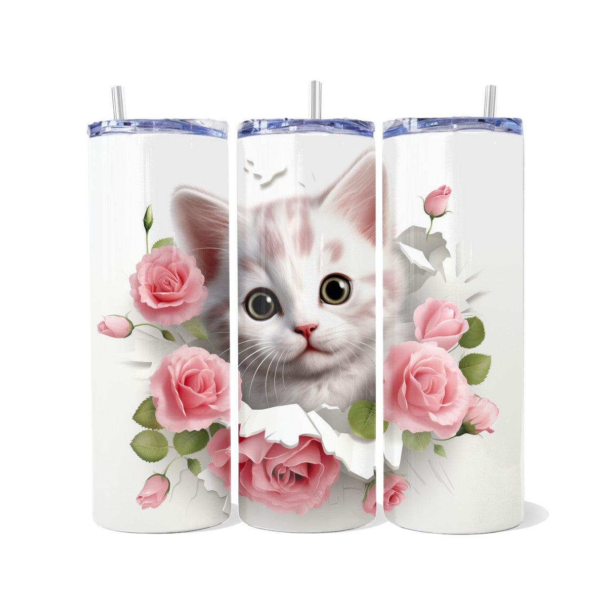 Cute Kitty Surrounded by an bed of Roses - a Skinny Tumbler - Kimmie's Creations L.L.C.