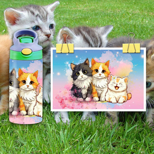 Enchanting Three Kittens Transform a Simple Water Bottle into a Magical Wonderland - a 12 oz Flip Top - Kimmie's Creations L.L.C.