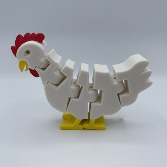 Hand-painted articulated flexi chicken 3D printed fidget toy in vibrant colors