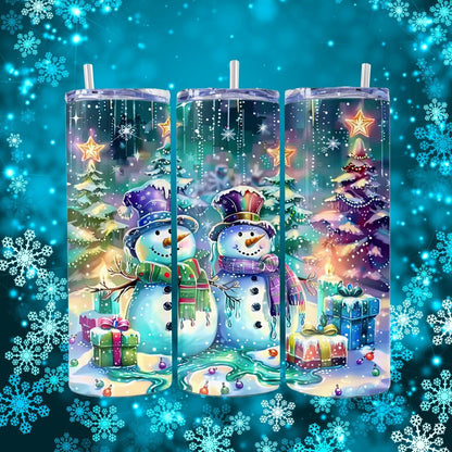 Two Colorful Snowmen Delight with Gifts! - a Skinny Tumbler - skinny tumbler