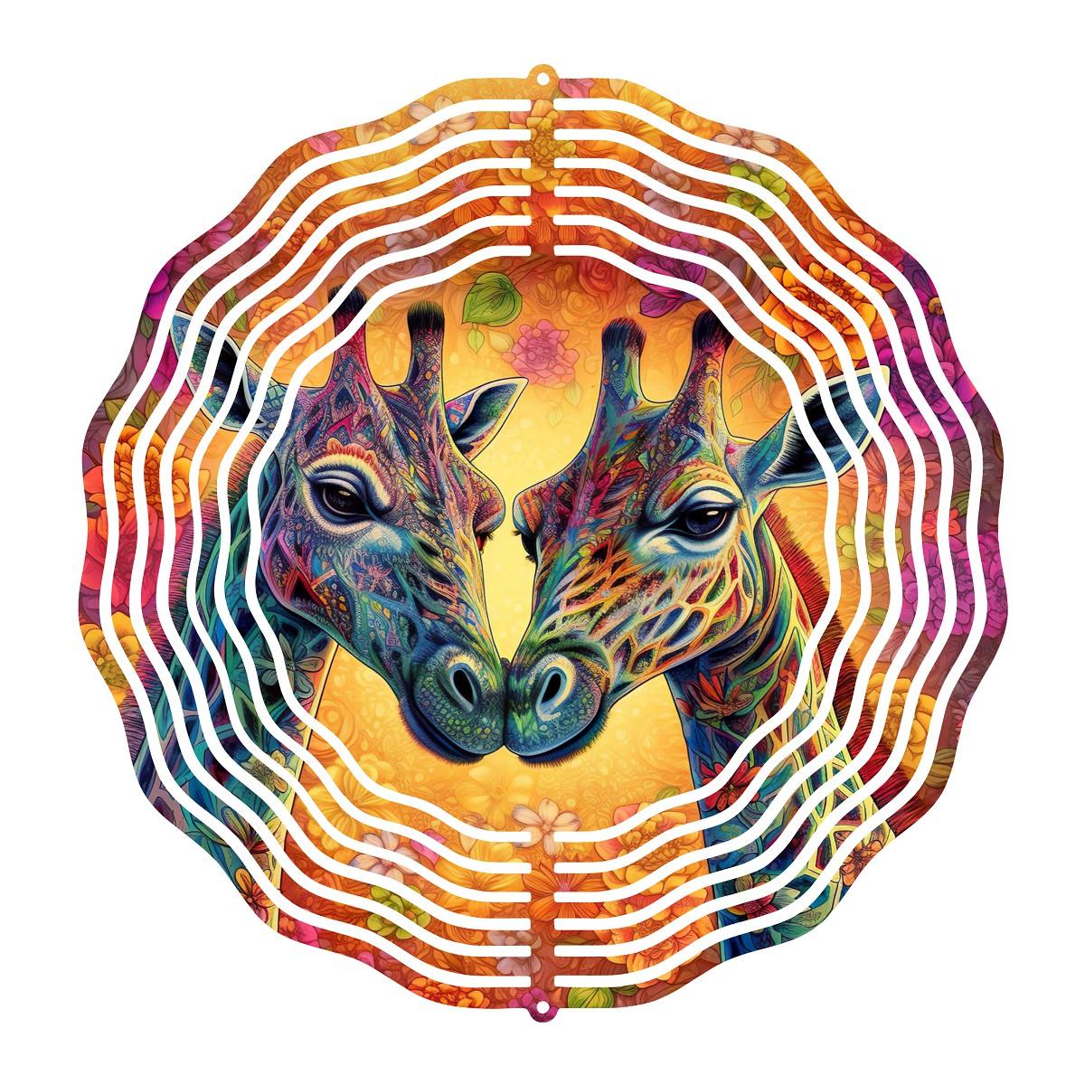 Two Colorful Nuzzling Giraffes on a Wind Spinner - wind spinner