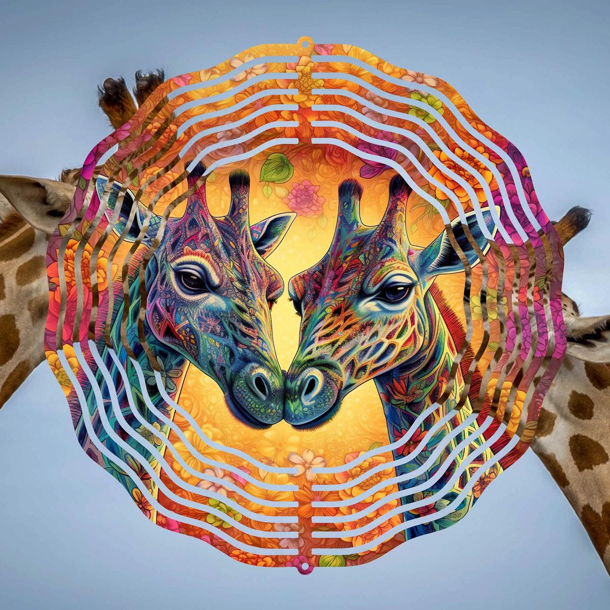 Two Colorful Nuzzling Giraffes on a Wind Spinner - wind spinner