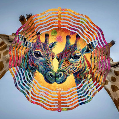 Two Colorful Nuzzling Giraffes on a Wind Spinner - wind spinner