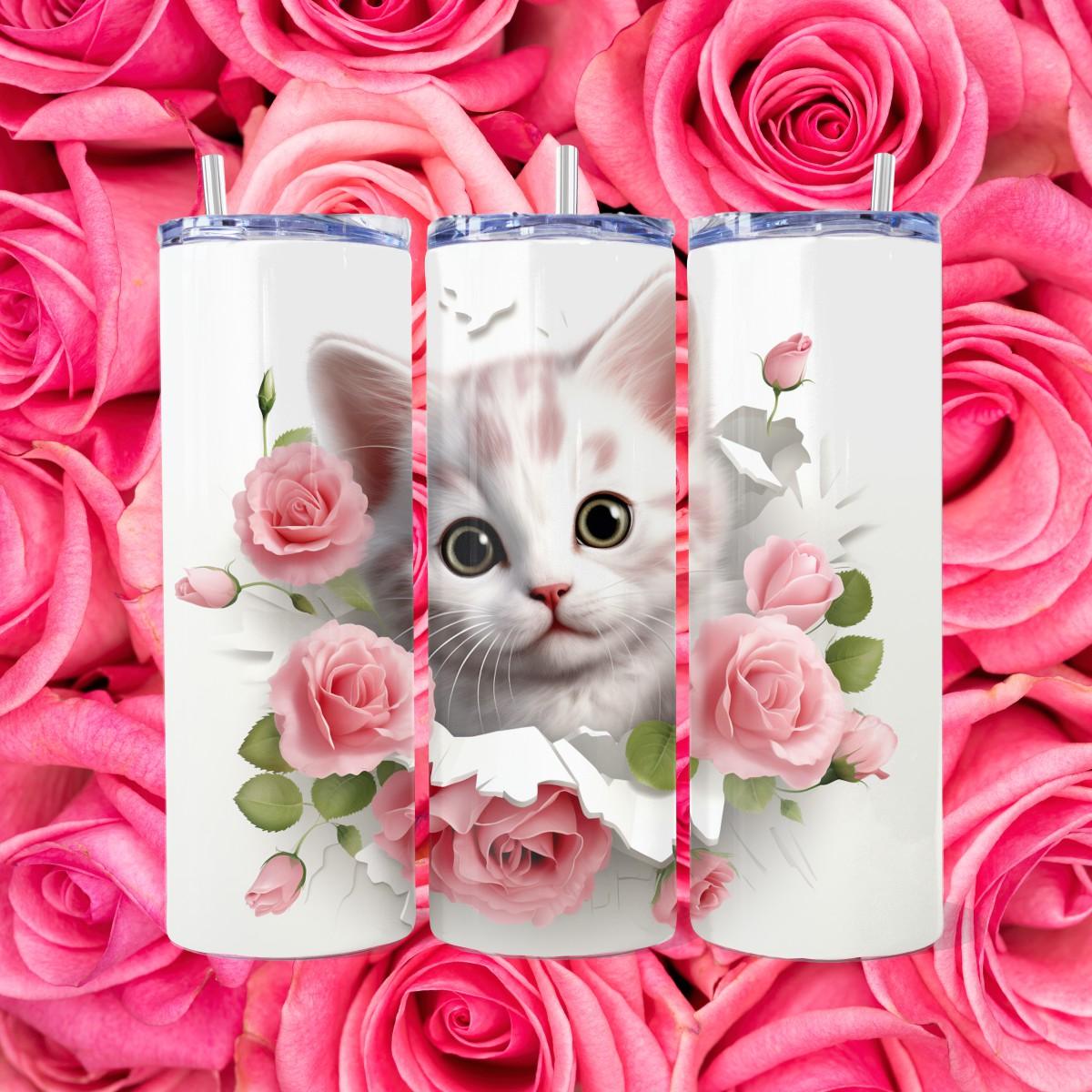 Cute Kitty Surrounded by an bed of Roses - a Skinny Tumbler - Kimmie's Creations L.L.C.