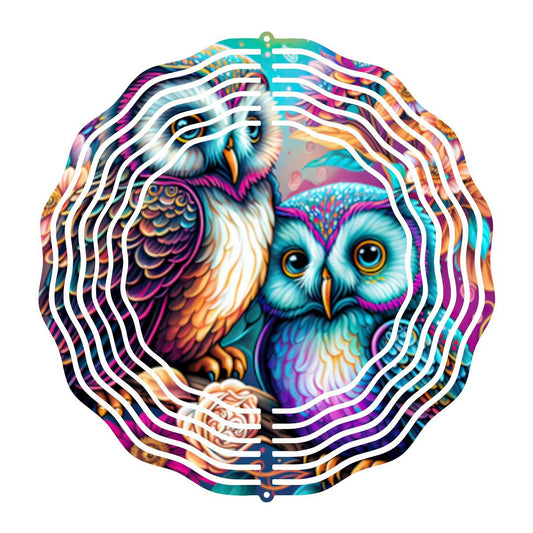 Two Colorful Owls on a Wind Spinner - Kimmie's Creations L.L.C.