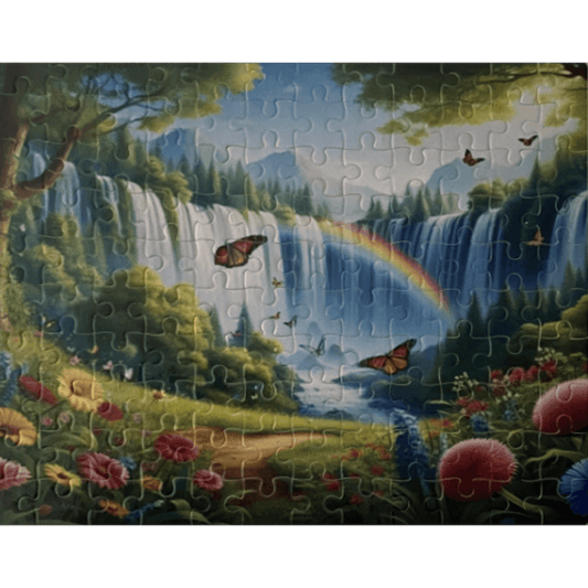 Captivating Rainbow over Waterfalls with Butterflies. A 120-piece puzzle. - Kimmie's Creations L.L.C.