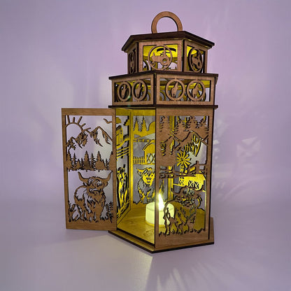 Highland Cow Farm Scene with Tower Cupola flameless candle Lantern