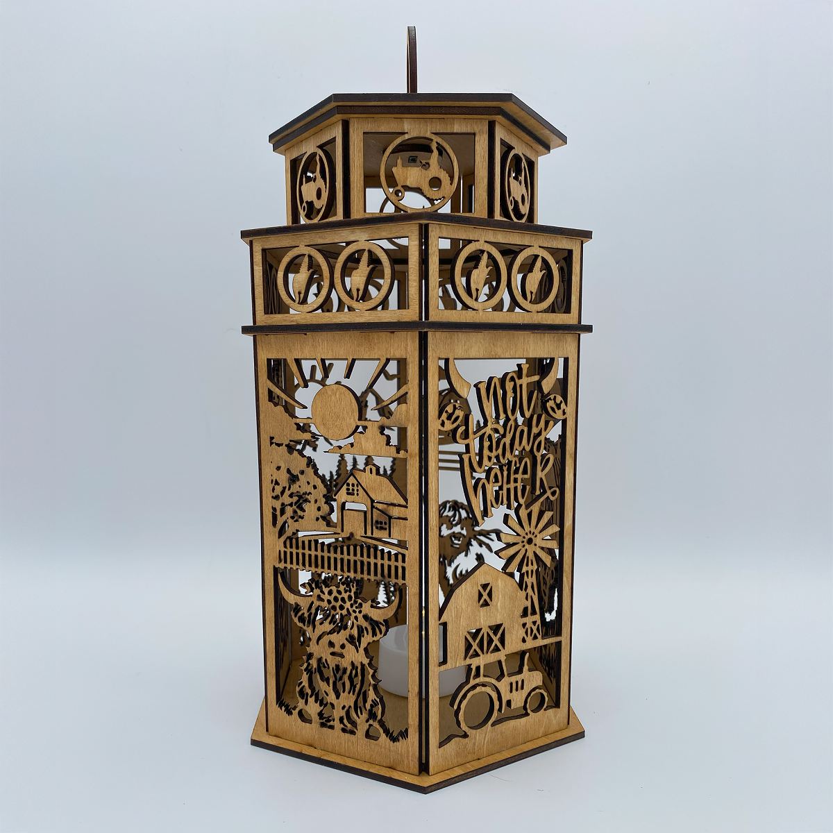 Highland Cow Farm Scene with Tower Cupola flameless candle Lantern