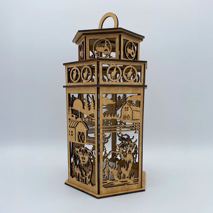 Highland Cow Farm Scene with Tower Cupola flameless candle Lantern