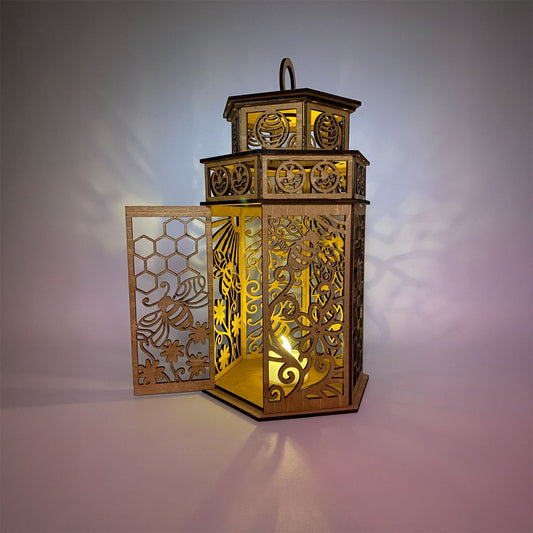 Honeybees with Flora and Honeycomb on a Tower Cupola design flameless candle Lantern