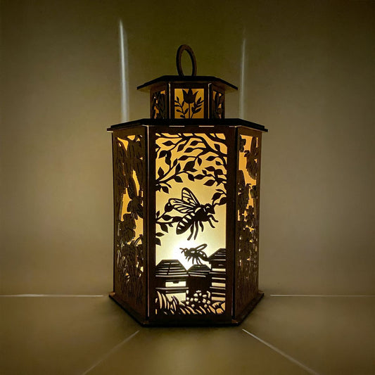 Bees & Blossom Cupola design flameless candle Lantern with Flying Bees and Trees Blossoming