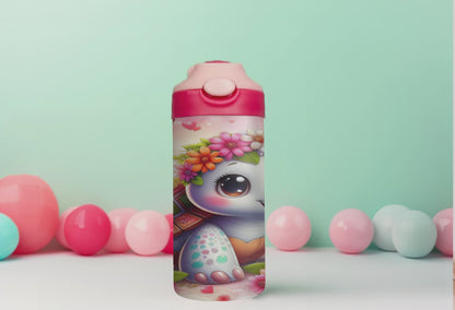 Floral-Adorned Flowerchild Turtle: Fun Hydration for Kids! - a 12 oz Flip Top