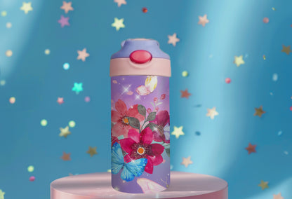 Butterflies in Watercolor with Flowers - a 12oz flip top water bottle