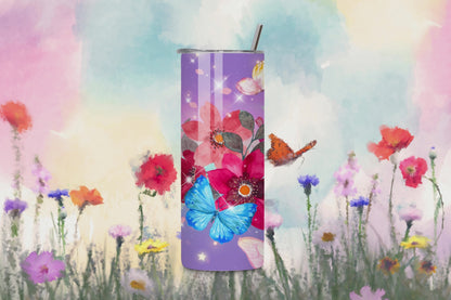 Butterflies in Watercolor with Flowers skinny tumbler