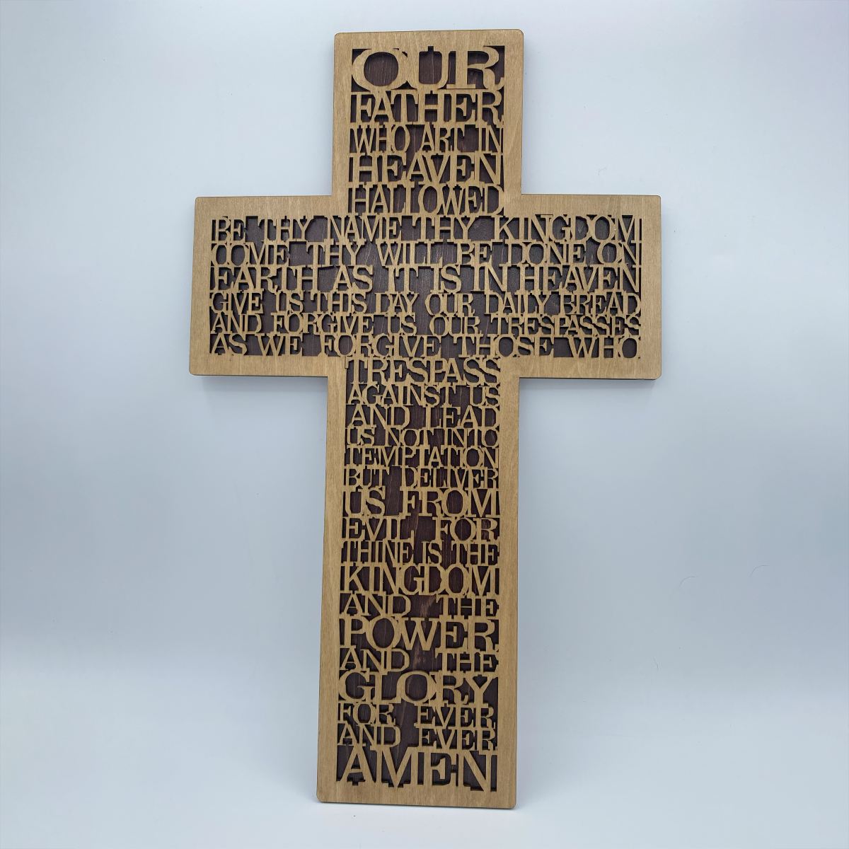 The Lord's Prayer laser cut wooden wall decor in layered basswood with hand-stained finish