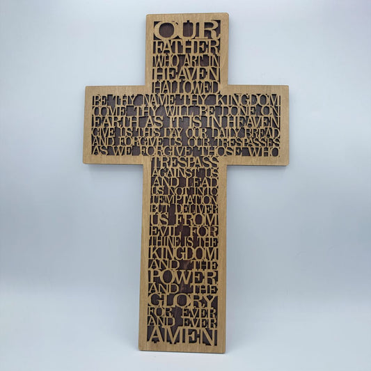 The Lord's Prayer laser cut wooden wall decor in layered basswood with hand-stained finish